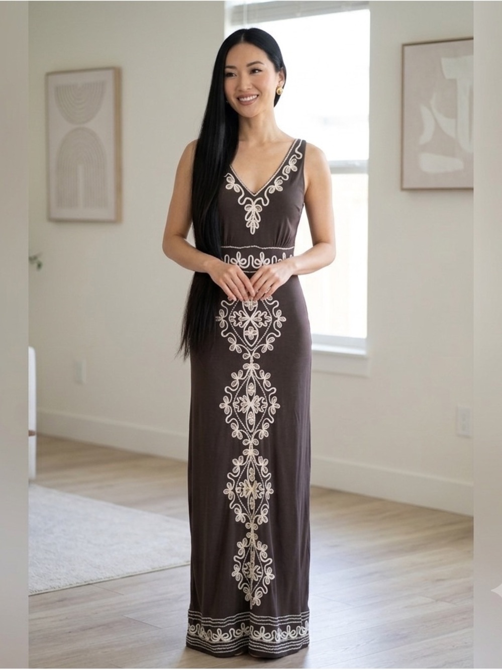 INC Brown Embroidered Maxi Dress